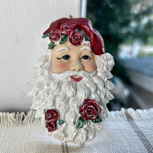 Vintage Santa Ornament with Roses in Beard, Shabby Chic Christmas Decor - Picture 1 of 12